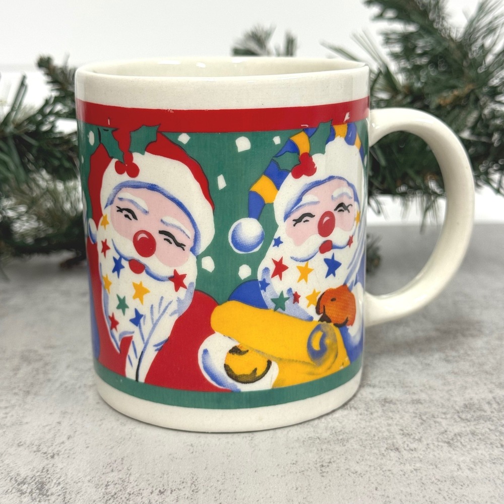Vintage Gibson Housewares Christmas Santa Claus Coffee Mug Colorful Star Holiday